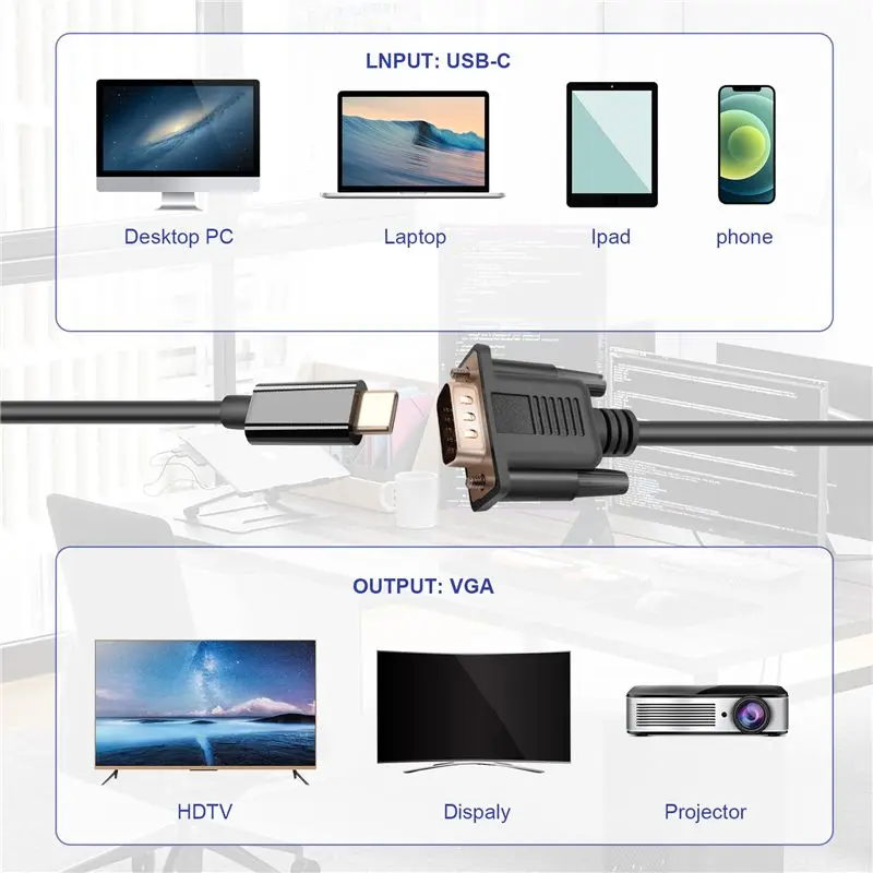 A41Z-USB C To VGA Cable 5.9 Feet/1.8M, USB Type C To VGA Cable, Suitable For USB 3.1 Devices-Suitable For HP, Etc.