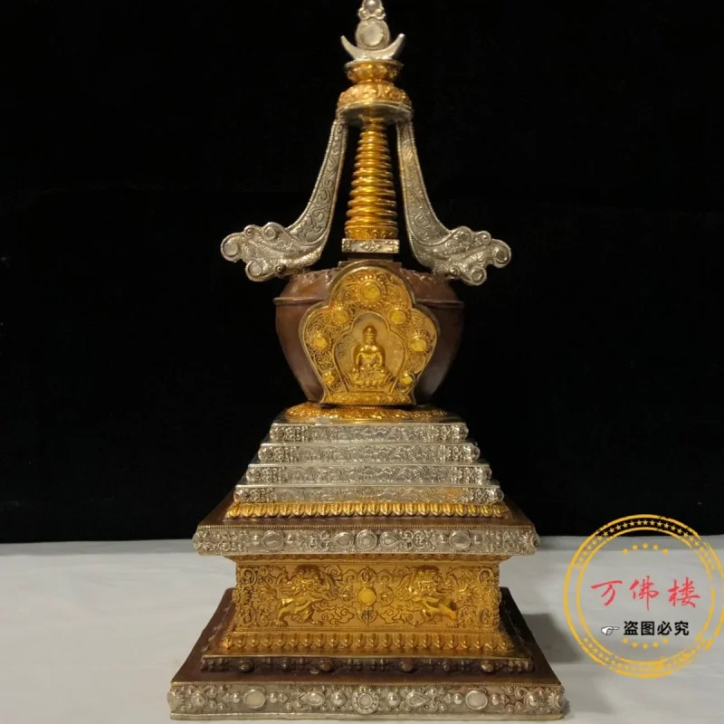 33cm Bodhi Tower Gilding Silver Antique Pure Copper Seiko Ornaments Tibetan Tantra Brass Buddha Shrine Worship