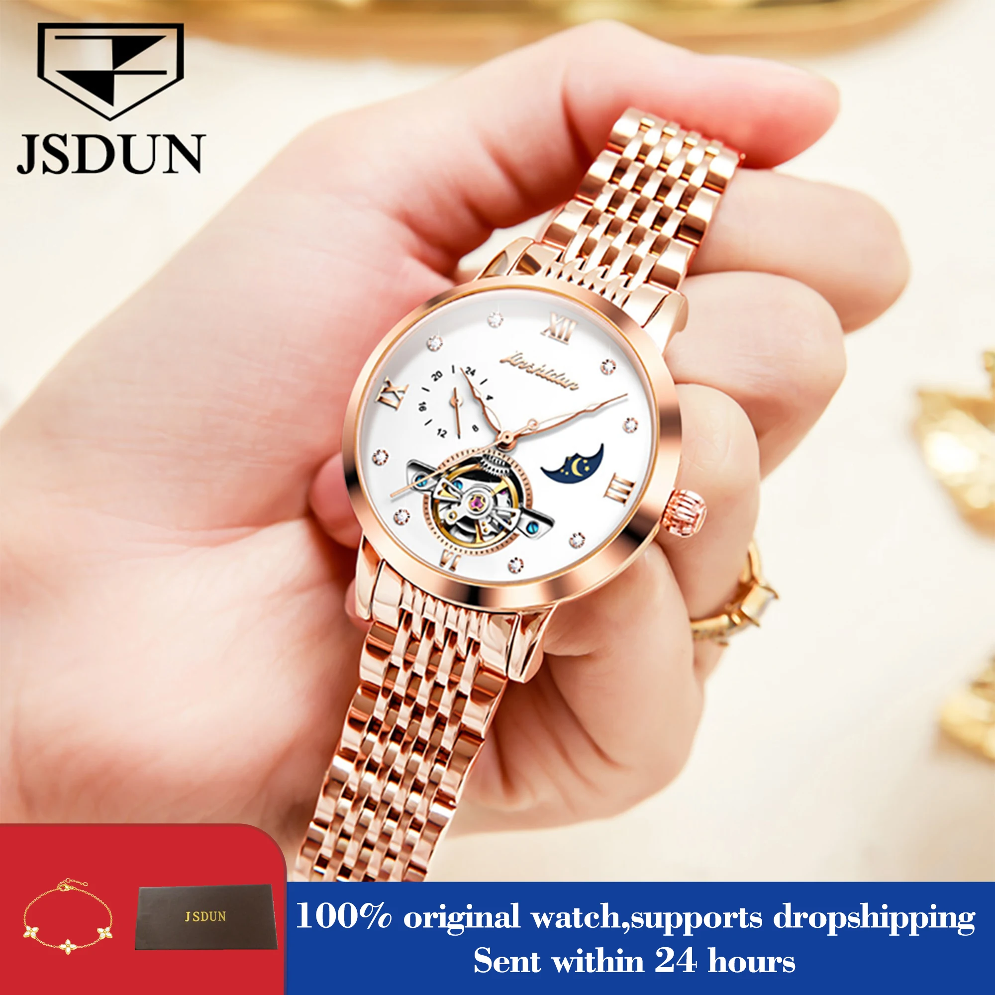 

JSDUN 8832 Women's Watch Original Top Brand Mechanical Watch For Women Hollow Skeleton Luxury Hand Clock Waterproof Luminous