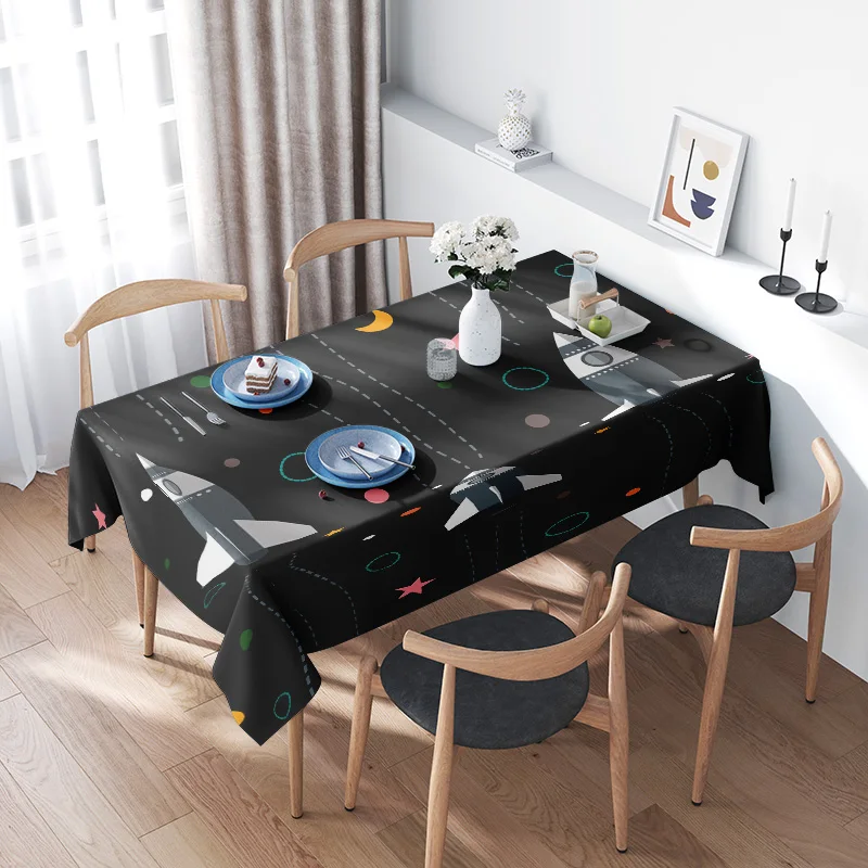 Black Space Travel Pattern Tablecloth for Dining Room DecorationModern Design with Moon, Rocket, and Stars 120x180cm Black (D193