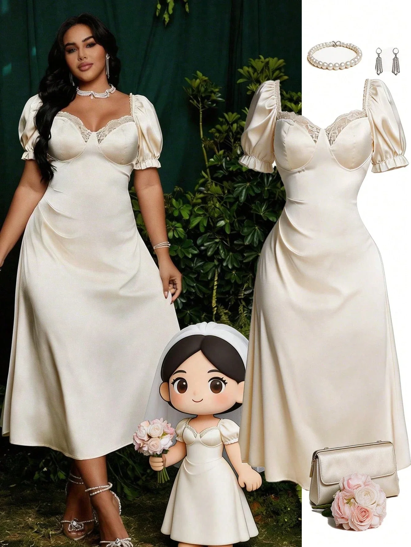 

Elegant Lace Trim Puff Sleeve Satin Midi Bodycon Dress