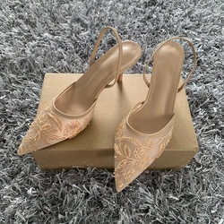 Luxury Brand High Heels Women Sandals Mesh Embroider Elegant Pointed Ladies Slingback Evening Party Wedding Bridal Dress Shoes