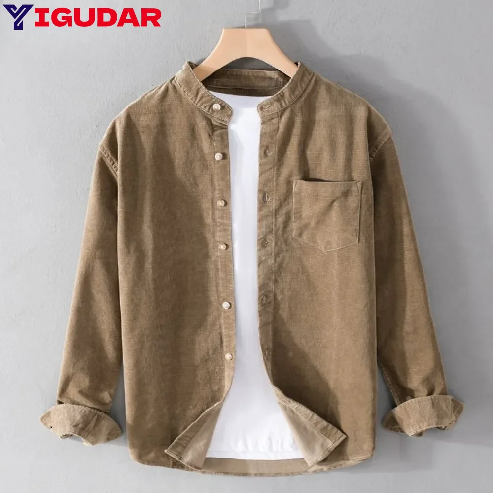 

Long Sleeve Casual Trend Corduroy Shirt Men blouses Retro Small Standing Collar Casual Shirt Men Coat long sleeve t shirt men