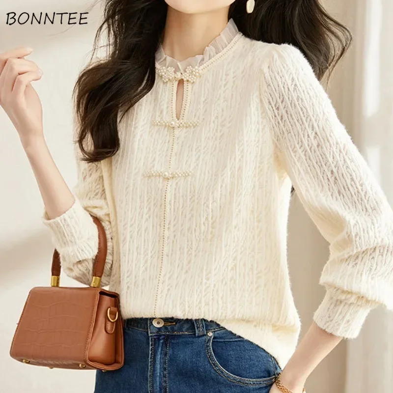 

Женские блузки с рюшами M-5XL, нежные винтажные китайские пуговицы, утепленные осенне-зимние элегантные офисные женские эстетические топы, милые