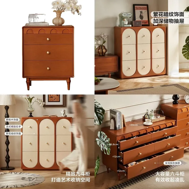 American Retro 9 Drawer Chest Solid Wood Bedroom Storage Cabinet Bedside Locker Floral Design Furniture