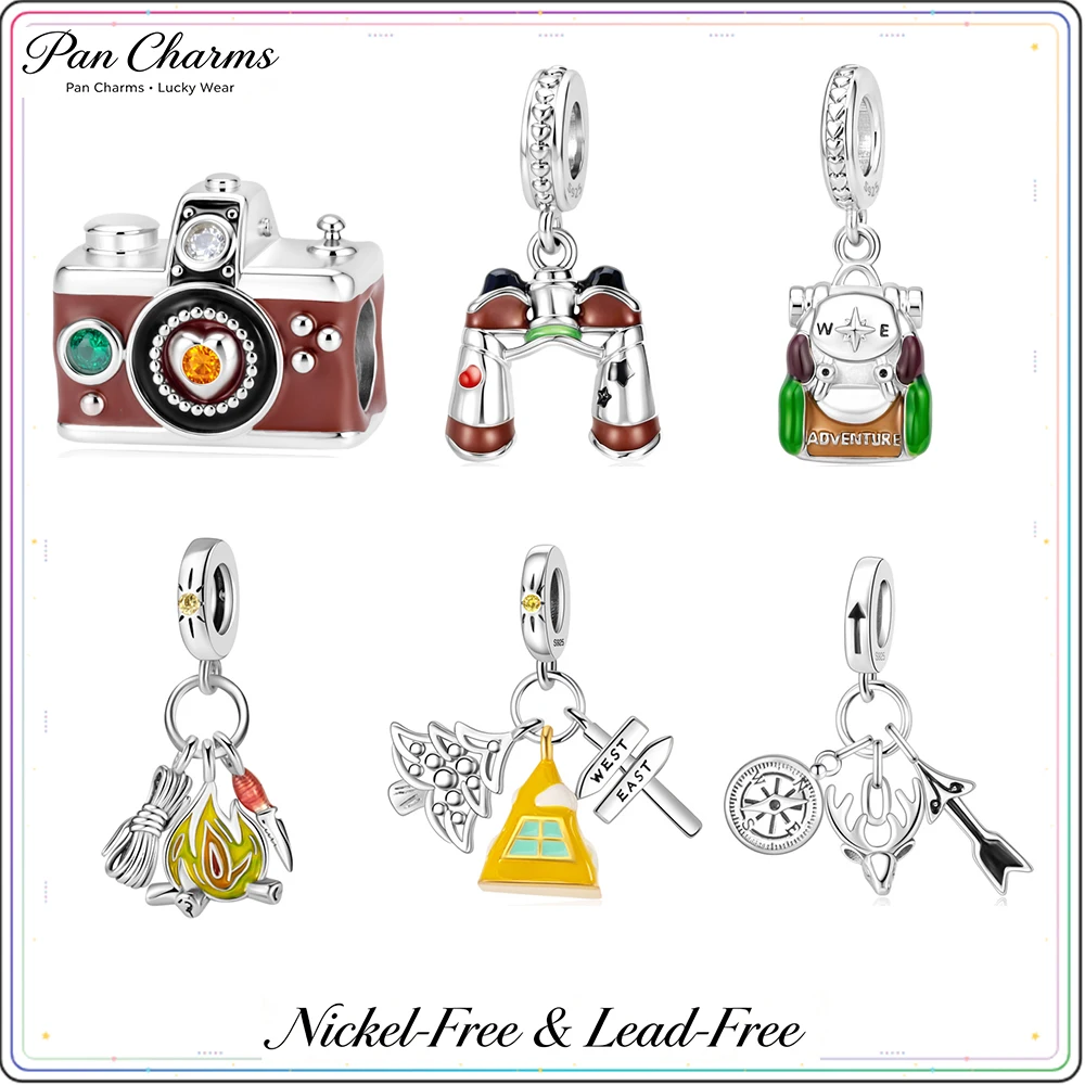 Pan Charms Outdoor Tent Flashlight Backpack Binoculars Campfire Adventure Souvenir Family Pendant Beads DIY Jewelry Gift For Her