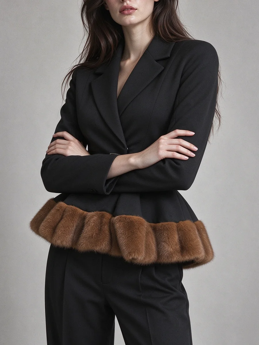 TWOTWINSTYLE Fluffy Hem Spliced Belted Waist Slimming Blazer for Women Lapel Collar Long Sleeve Patchwork Button Jacket Female