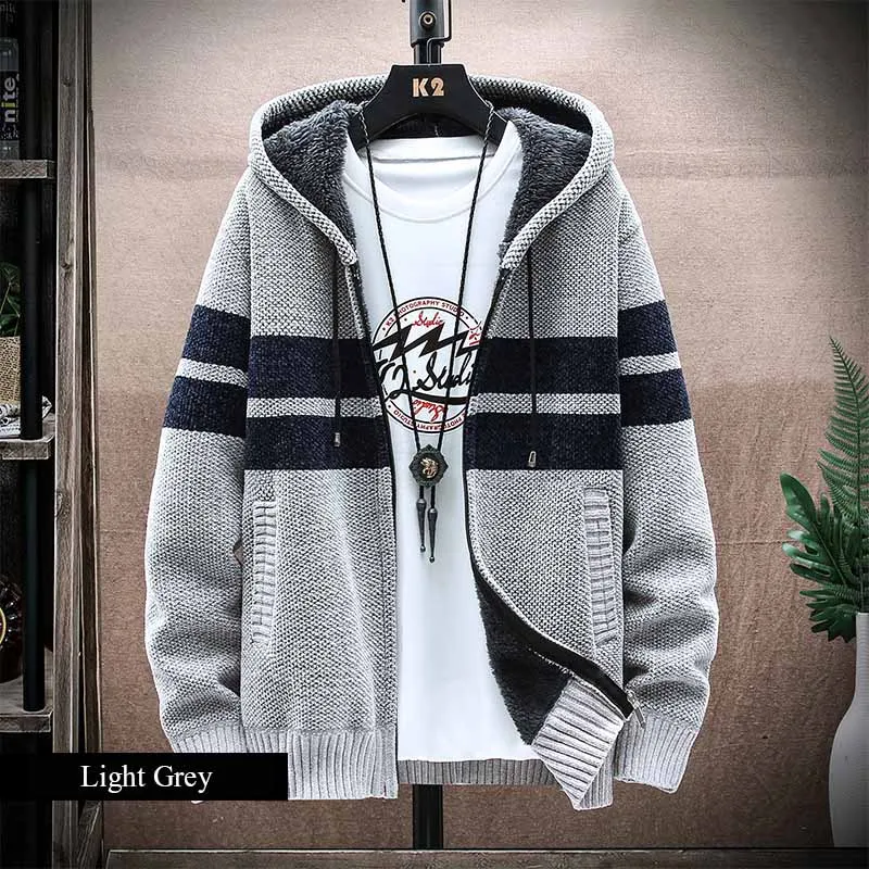 FALIZA New Spring Mens Hooded Cardigan Jumpers Striped Sweater Coat Thick Fleece Warm Zipper Wool Men Knitted Chenille Sweaters