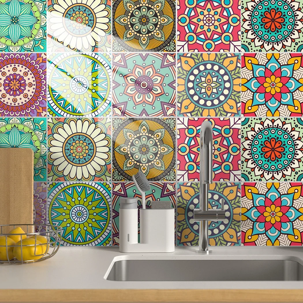 Boho Mandala Print Wall Tile Sticker Peel and Stick Backsplash Stickers Vinyl Wallpaper Kitchen Oil Proof Waterproof Tile Decal