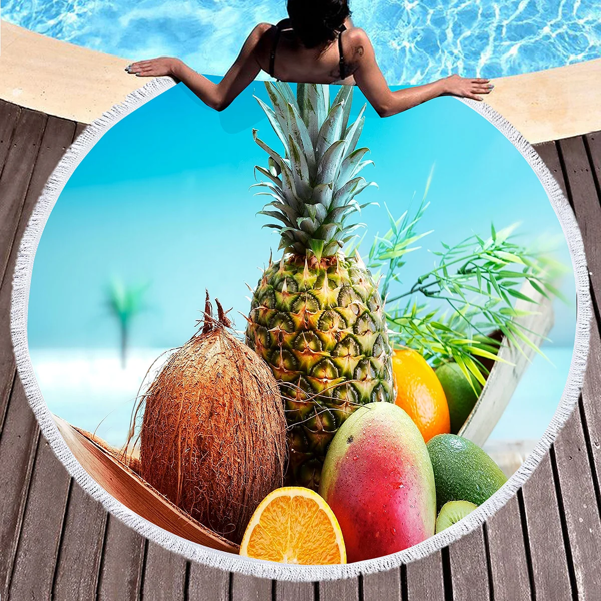 Summer Tropical Fruit Round Beach Towel Delicious Hawaii Fruits Sandproof Beach Blanket Soft Quick Dry Towel Portable Picnic Mat