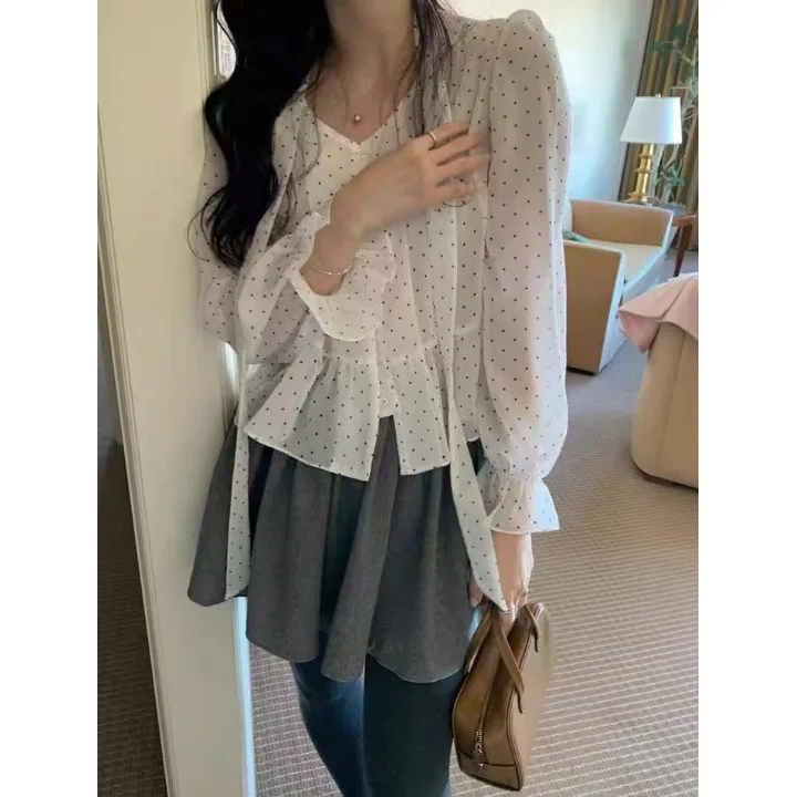 

Korean Style Vintage Polka Dot Sash Long Sleeve Women's Shirt Versatile Classic Fabric Other 100% Thin Spring Season