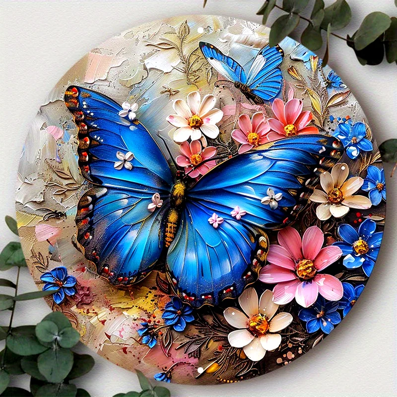 Aluminum Metal Butterfly Wreath Sign, 2D Flat Circular Decor for Home, Tavern, Club, Weather Resistant HD Printed Art