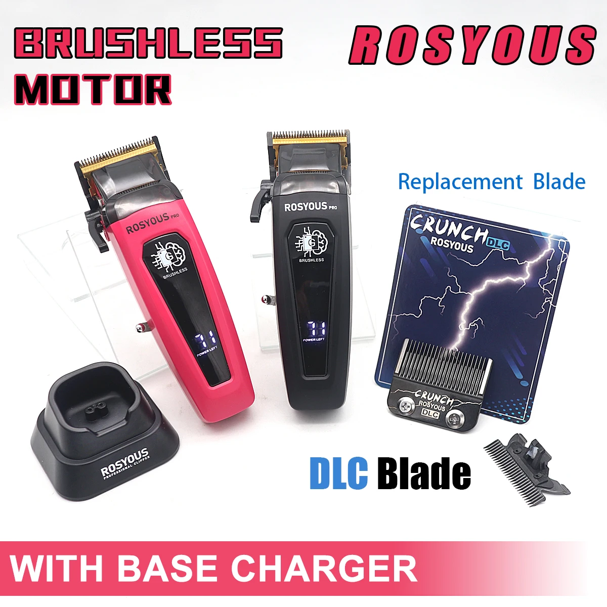 ROSYOUS ماكينة قص الشعر الاحترافية بدون فرش مع شاحن قاعدة شاشة LED CRUNCH DLC شفرة ماكينة قص الشعر