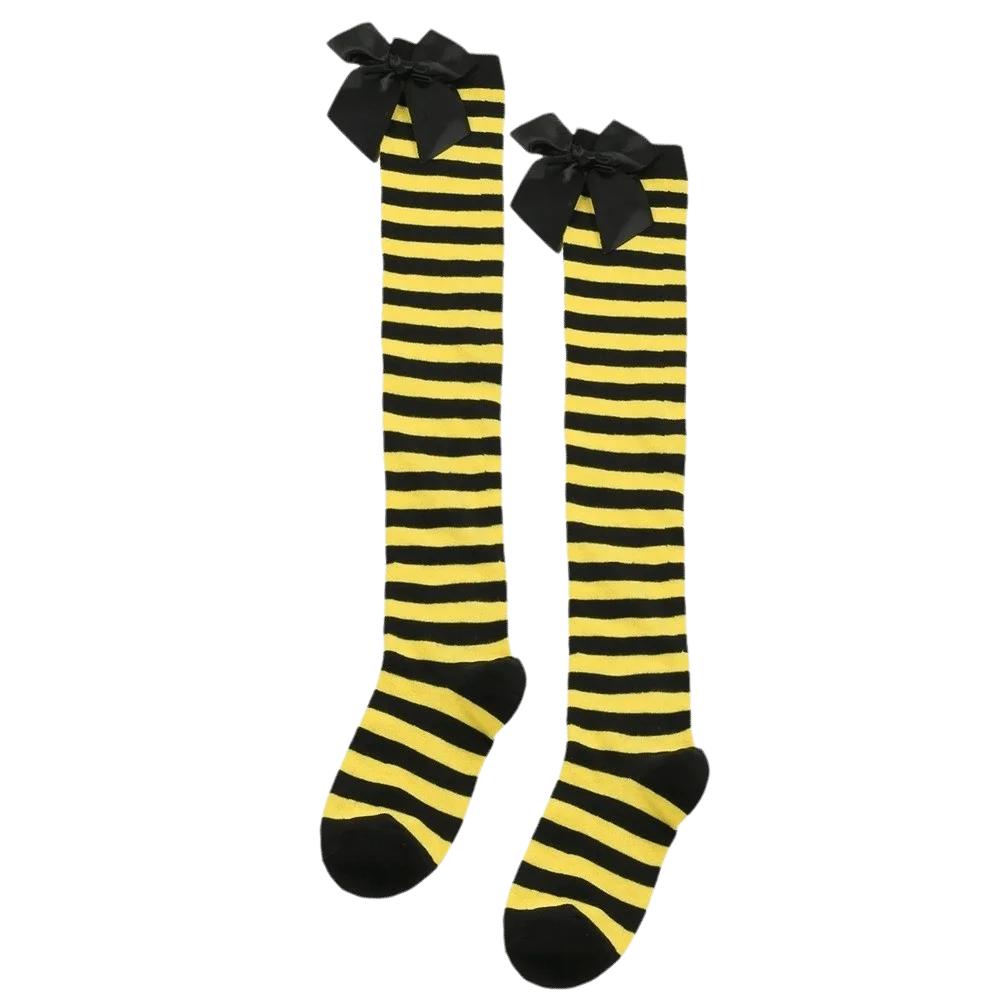 Striped Over Knee Stockings Bowknot Decor Warm Thigh High Socks Cotton Soft Lolita JK Christmas Long Stockings Stage Performance