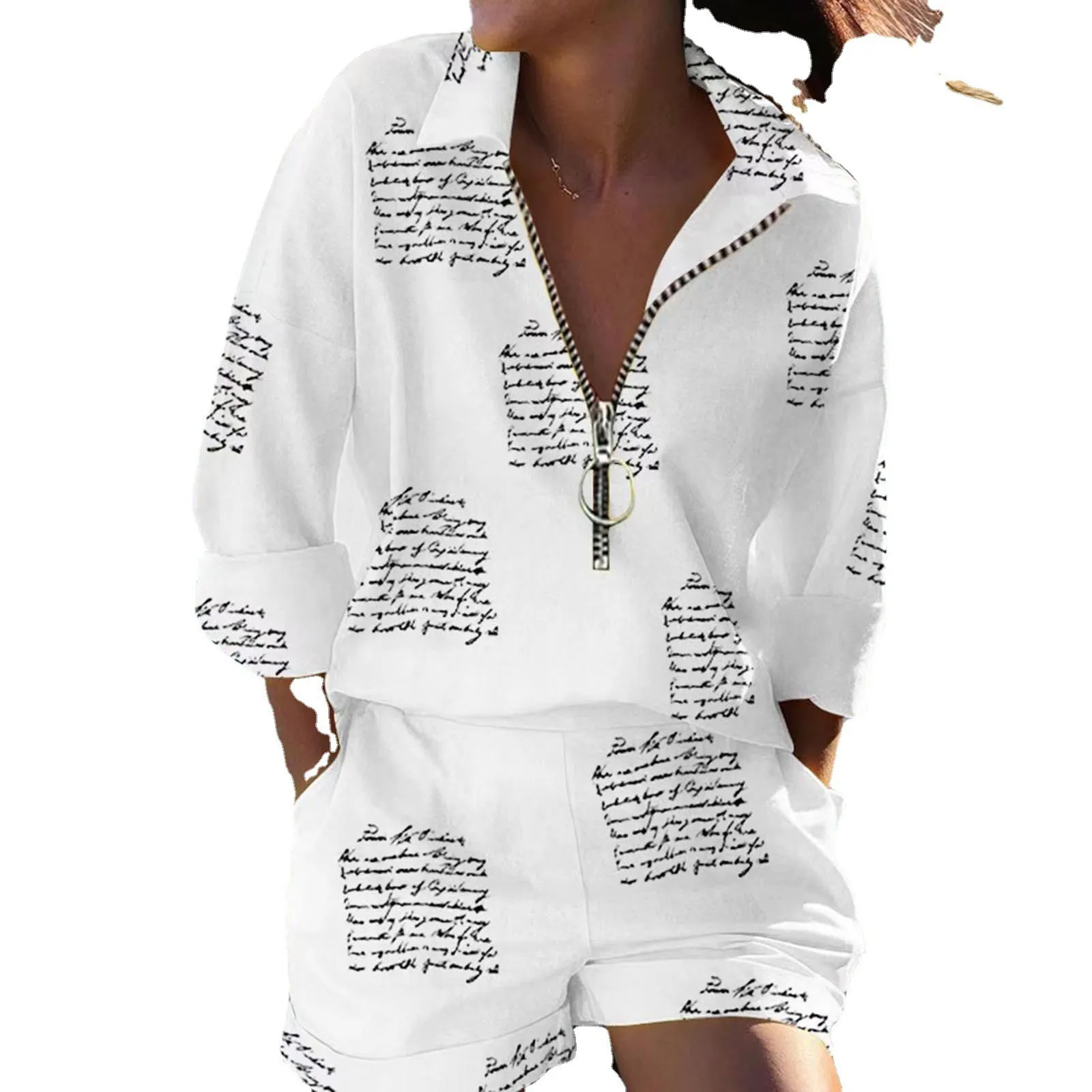 Casual Loose Print Shorts Set Women Spring Summer Zipper Shirt And Shorts Two Piece Sets Office Lady Elegant Letter Suits White