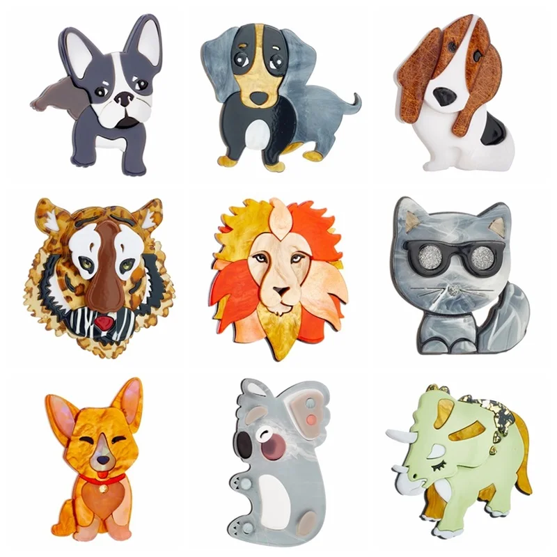 YAOLOGE Acrylic Cartoon Cat Dog Tiger Lion Brooches For Unisex Kids New Cute Animal Pets Badges Pins Accessories Jewelry Gift