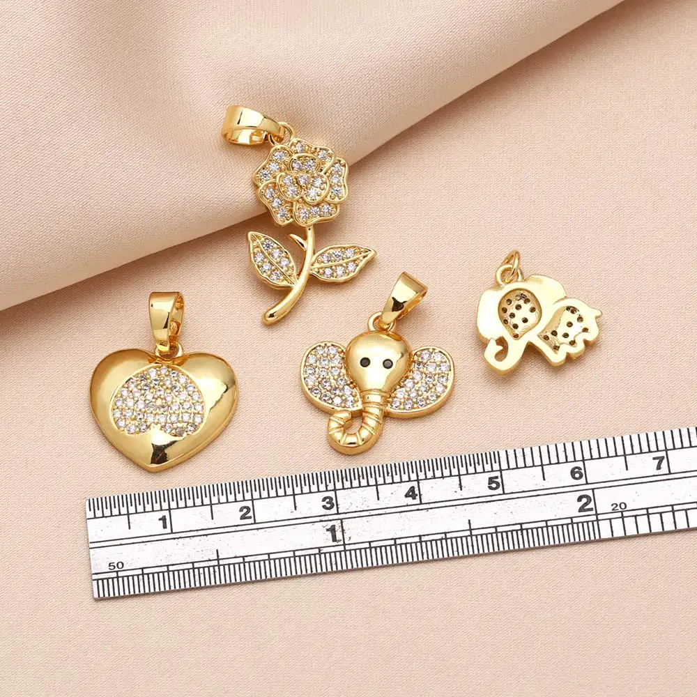 OCESRIO White Crystal Cute Lucky Elephant Pendant for Necklaces Copper Gold Plated Flower Heart Jewelry Making Supplies pdtb657