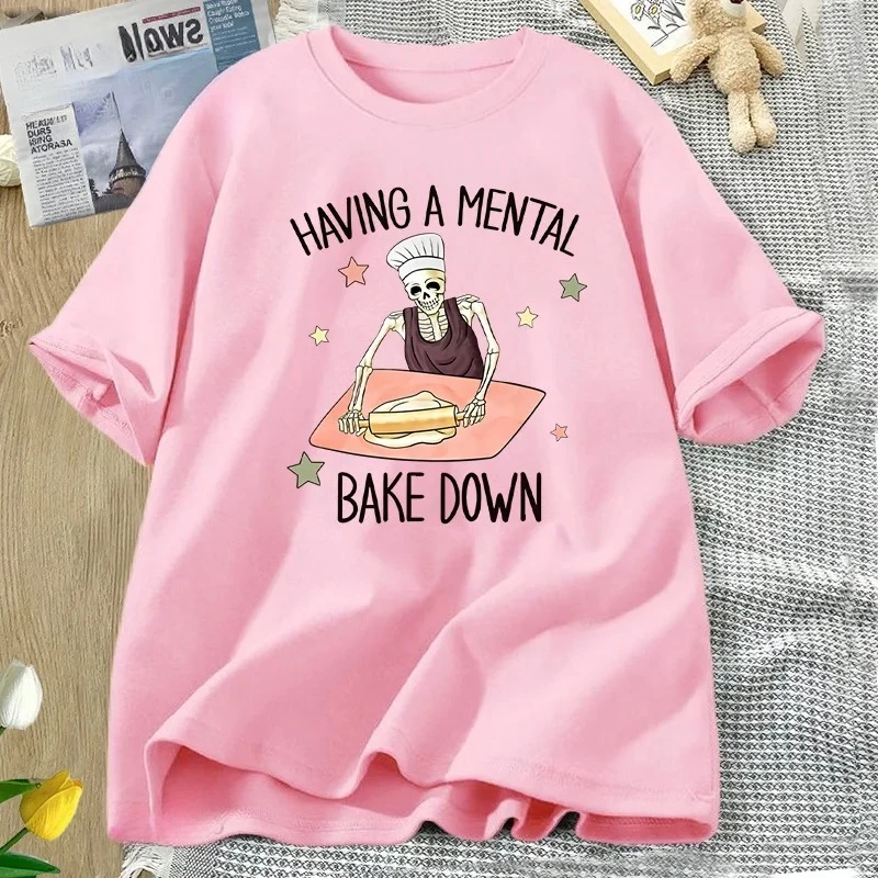 وجود العقلية خبز أسفل التي شيرت مضحك قصيرة الأكمام للأم تي شيرت الشيف الهيكل العظمي بيكر تي شيرت الجولة الرقبة ملابس امرأة Y2K #4