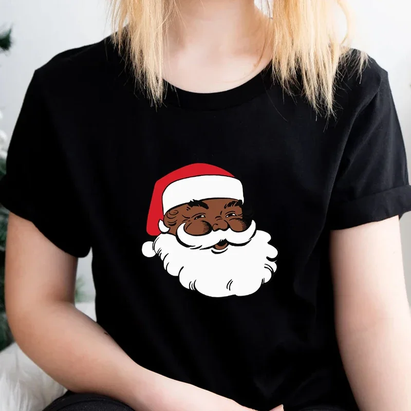 Y2k Aesthetic Summer Loose T-shirt Santa Claus Women Tops Black African American Merry Christmas Graphic Tee Cotton Holiday Top