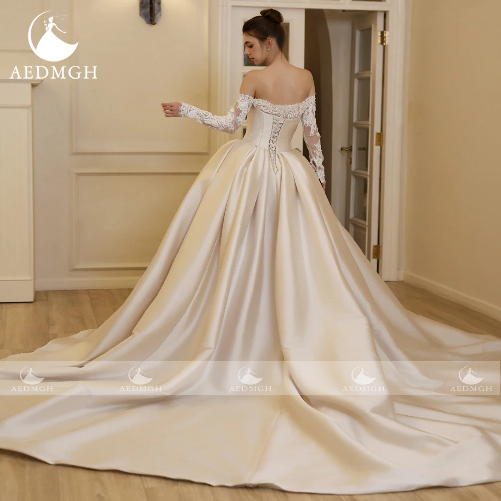 Aedmgh A-Line Delicate Wedding Dresses Off The Shoulder Vestido De Novia Lace Matte Satin Princess Custom Made Bridal Gown