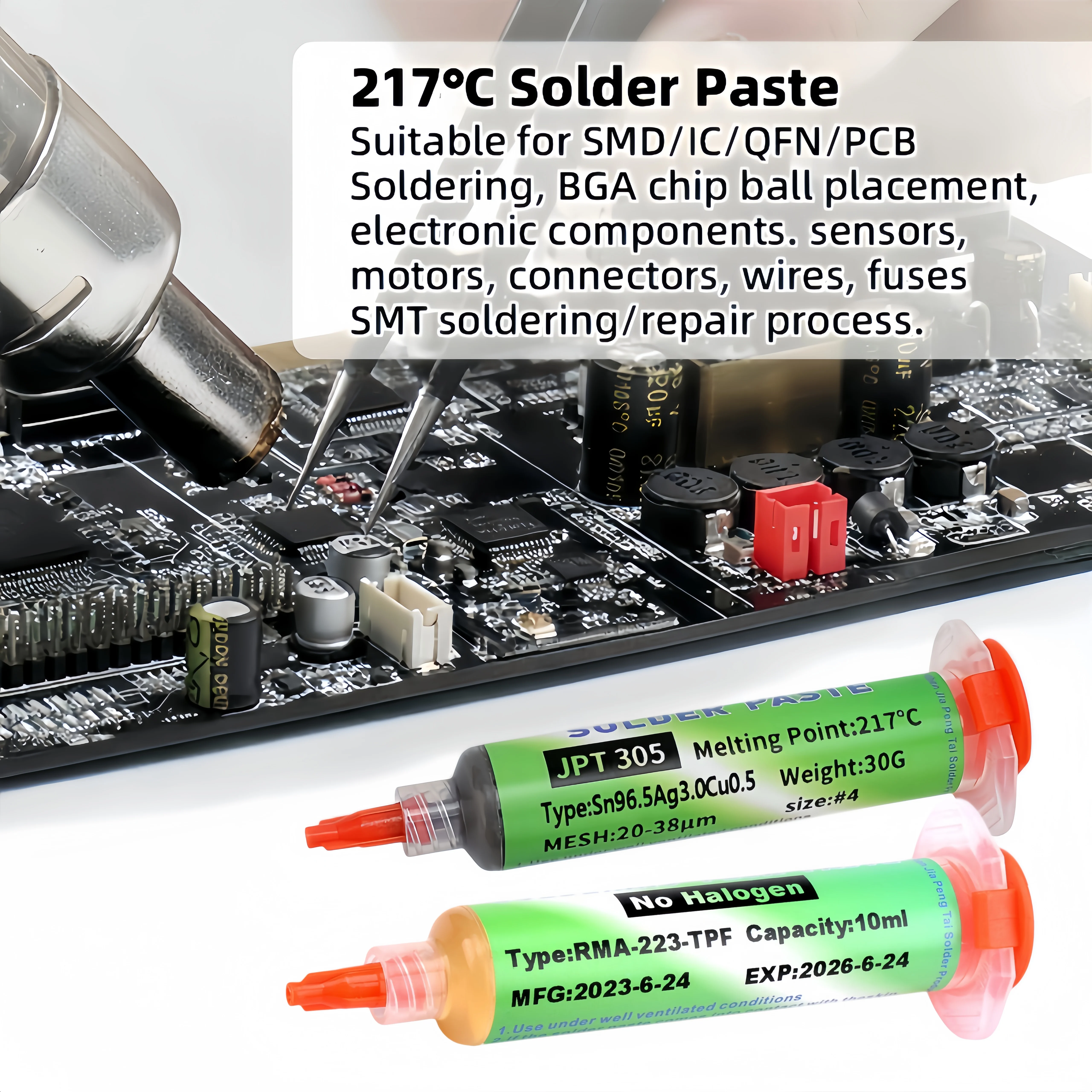 Sn96.5Ag3.0Cu0.5 Solder Paste 30g 217℃ | RMA-223 Flux +10ml Desoldering Wire, BGA PCB Chip Repair Soldering Kit