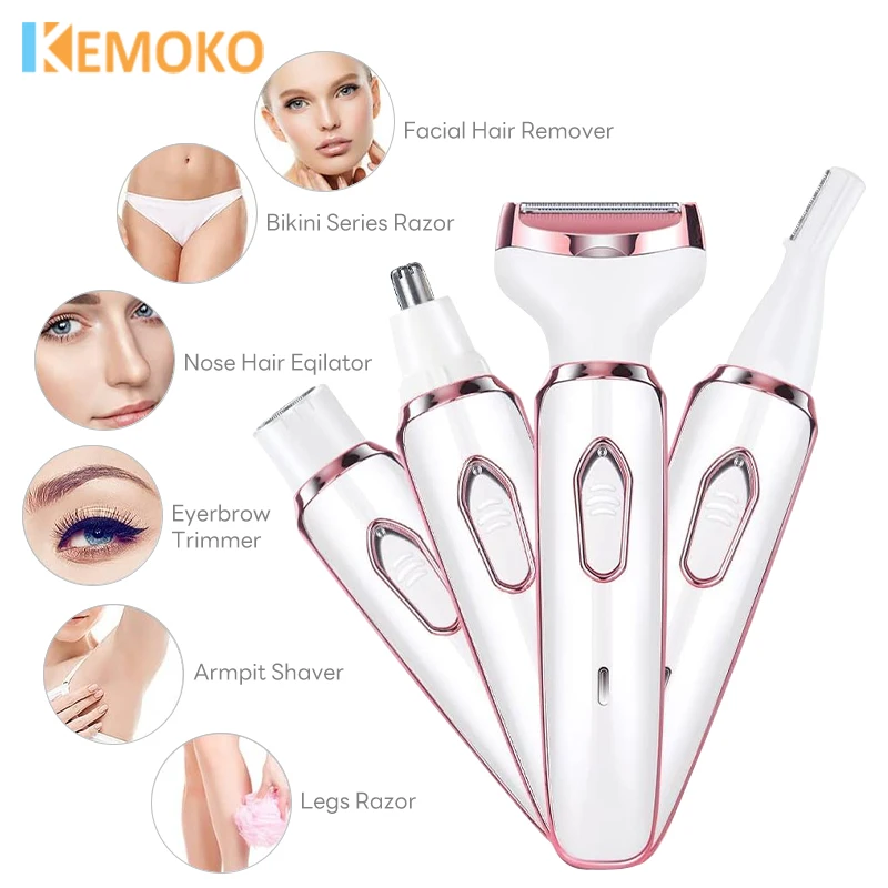 4 in 1 Electric Razor Shaver Lady Shaver Painless Body Hair Trimmer for Armpit Bikini Arm Leg Face Mustache Portable for Women