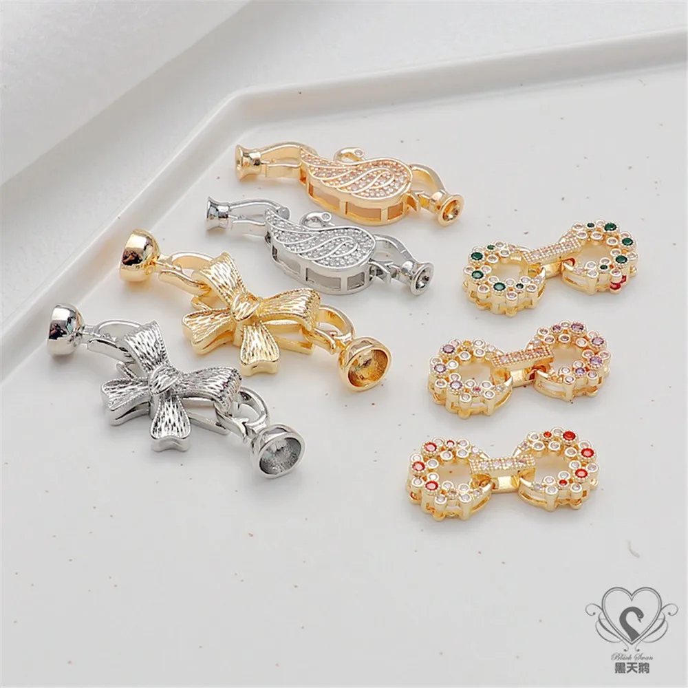 14K Gold Inlaid Zircon Butterfly Switch Connection Buckle Pearl Double Head Round Ending Button Head DIY Jewelry Accessories