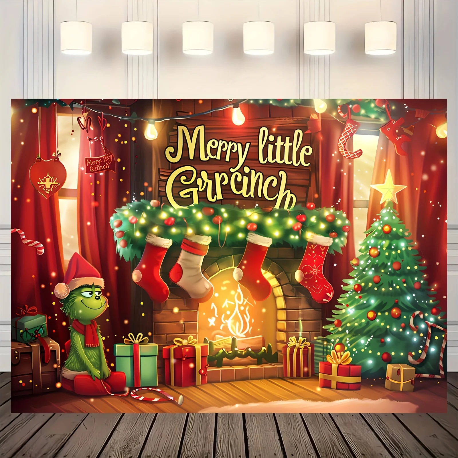 Christmas Themed Party Background Banner Cartoon Christmas Thief Characters And Decorative Trees By Holiday Fireplace