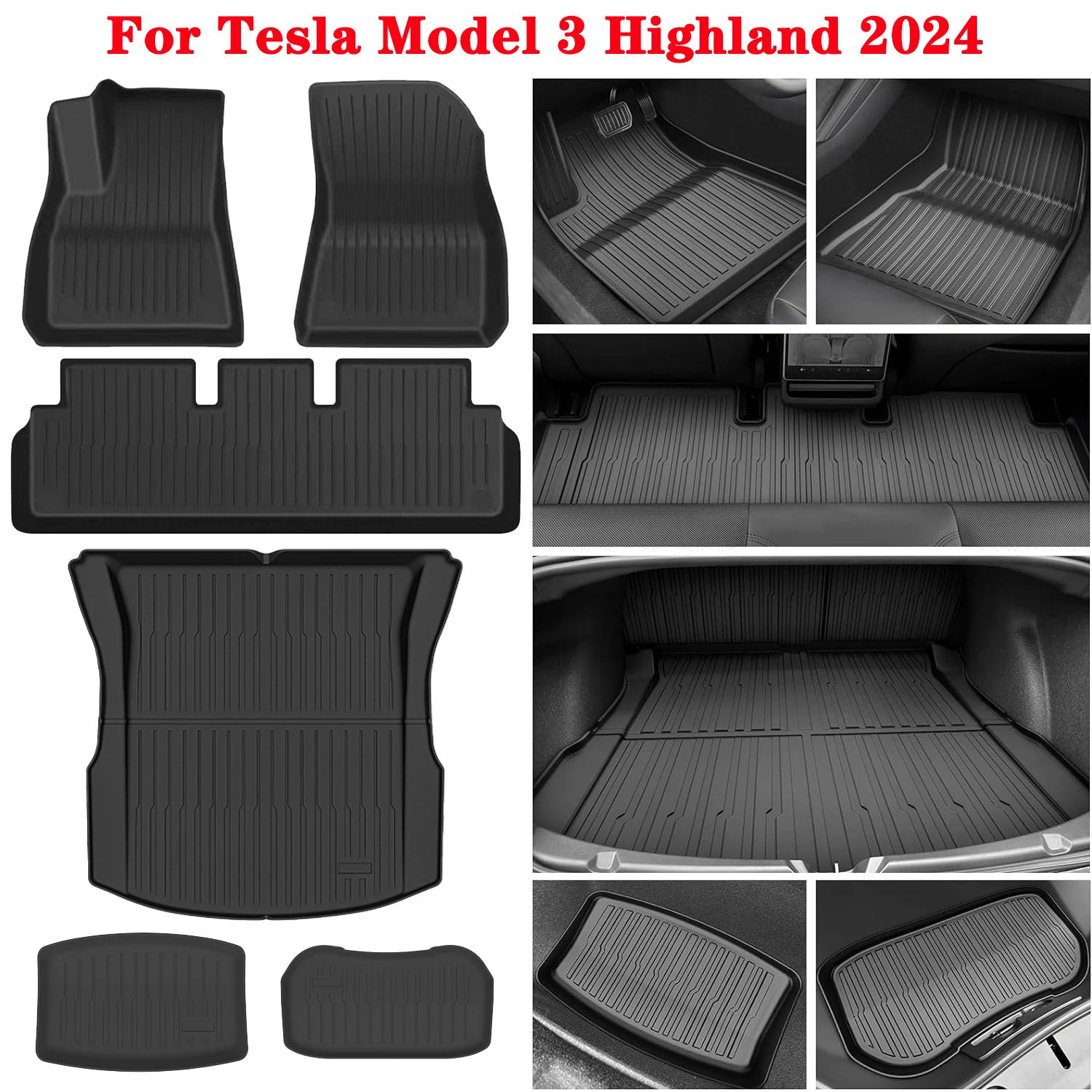 

TPE Floor Mats For Tesla Model 3 Highland 2024, All Weather Waterproof Anti-Slip Front Rear Cargo Liner Trunk Mat Floor Liners