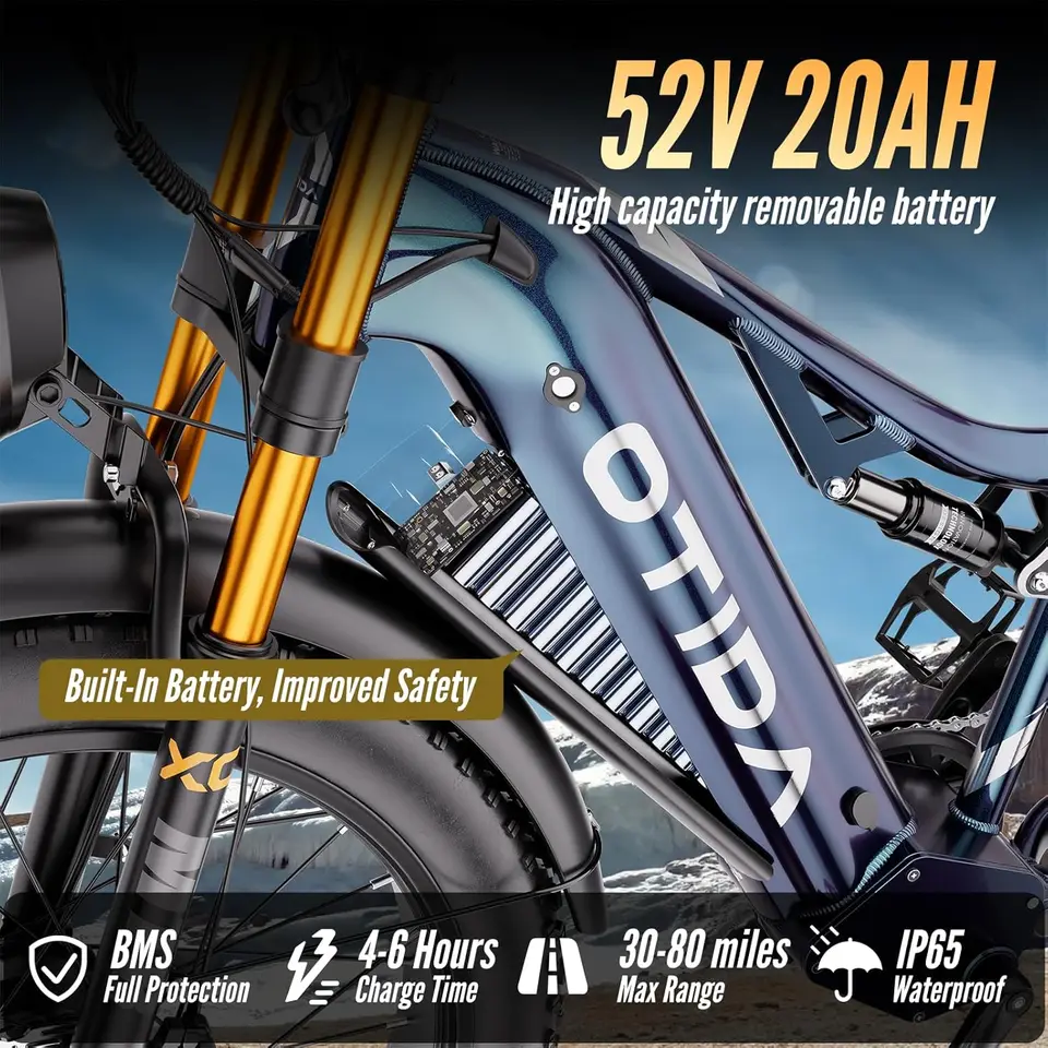 Peak 6000W Dual Motor Electric Bike for Adults 42MPH with 52V 20Ah，Up to 80 Miles, 26"x4" Fat Tire Full Suspension Ebike with Hy image 5