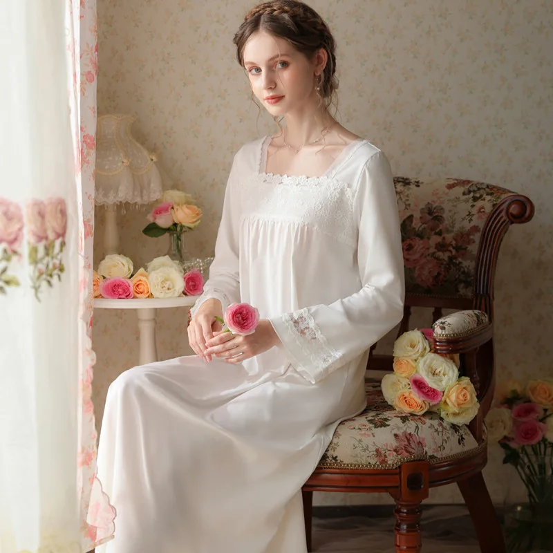 Sweet Lace Square Neck Night Dress Women Spring Autumn Vintage Chinese Flare Sleeve Nightwear Long Nightgown Princess Sleepwear