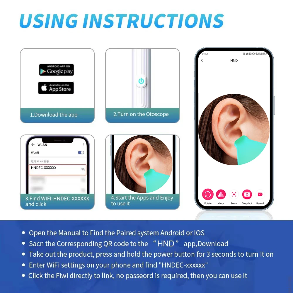 Nettoyeur d'oreille visuel intelligent avec caméra 1296P, bâtons d'oreille, chargement USB C, outil de suppression d'avertissement d'oreille, connexion WiFi, 6 lumières LED, cure-oreille