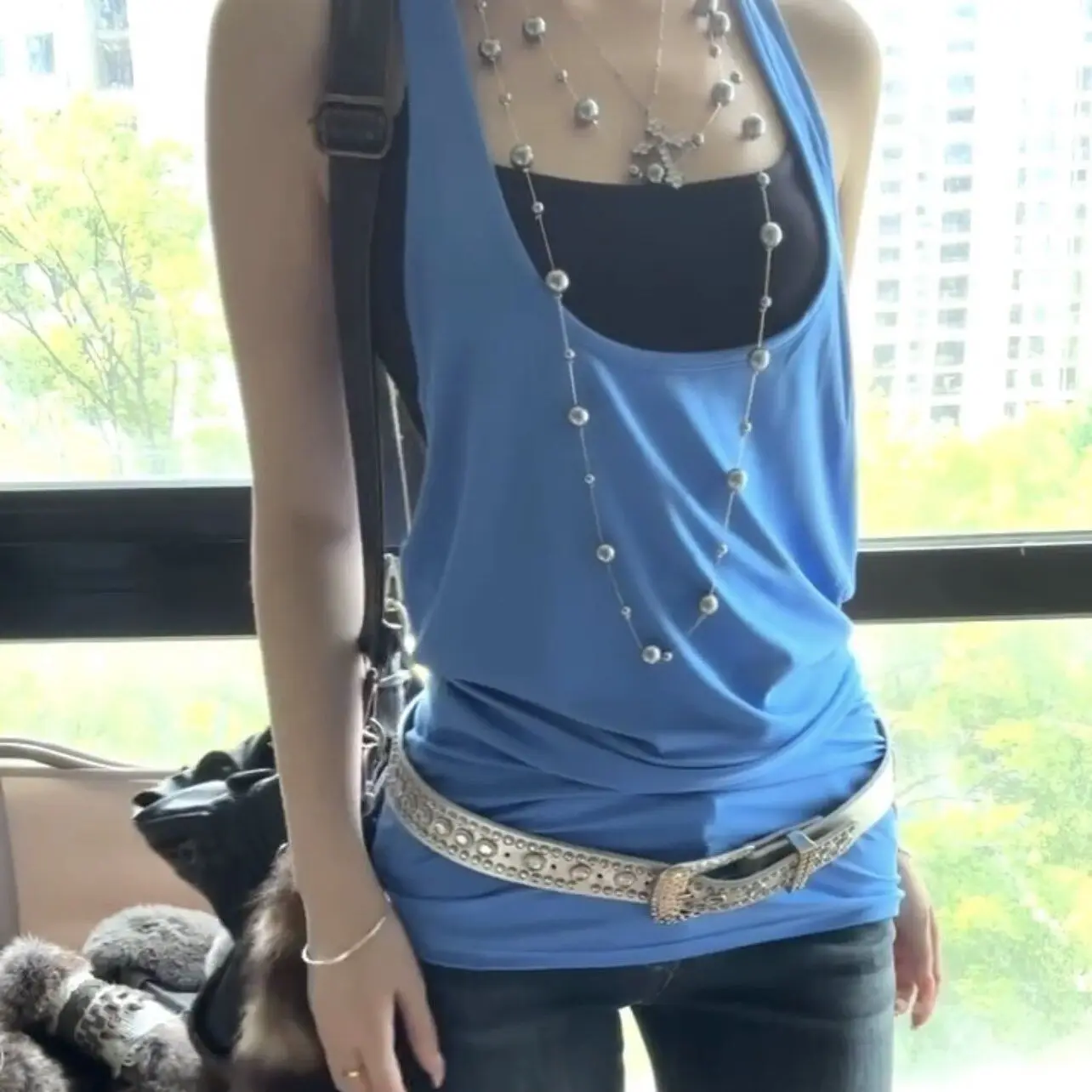 2026 Summer Layering Suit Blue U-neck Sleeveless Vest Feminine Feel Spicy Girls Slim Fit Slimming Millennial Y2k Top