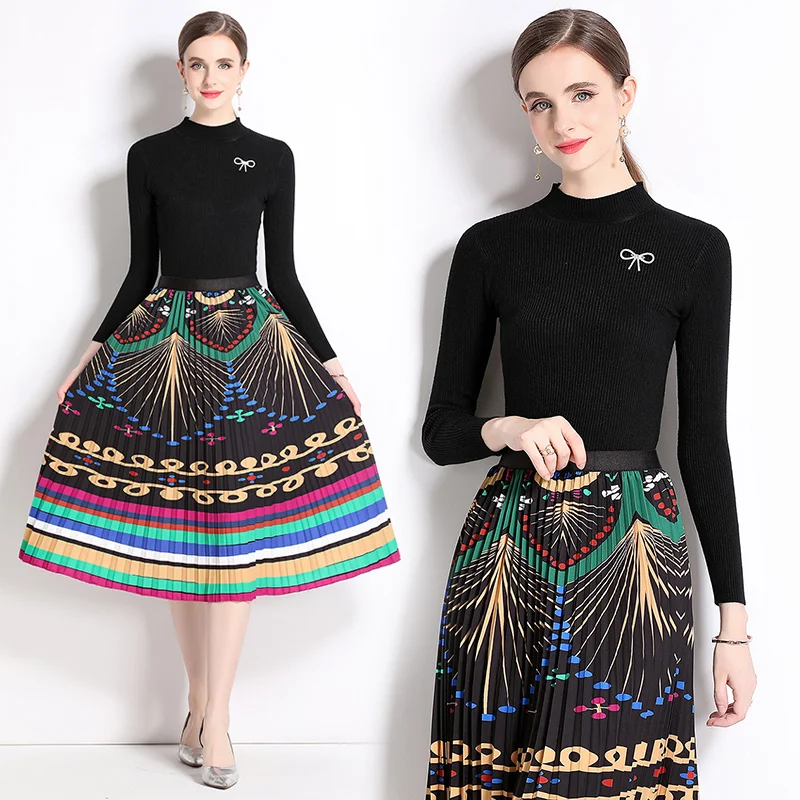 

2023 New autumn Elegant Set Pleated Women's Dress Vintage Vestidos Black Knit Tops Two Piece set Female Party Dresses