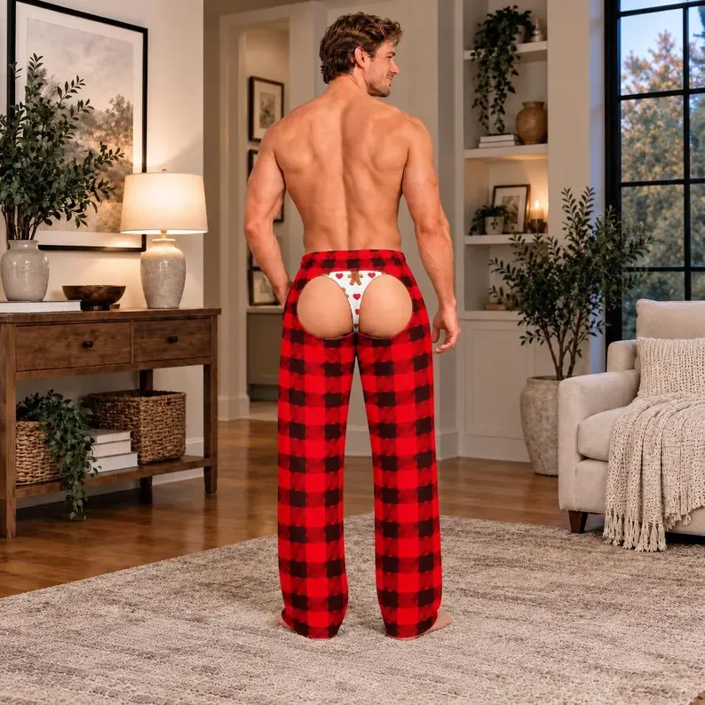 Fun Men's Christmas Red Black Checkered Gingerbread Man Zipper Printed Hip Flip Funny Christmas Party Casual Loose Pants
