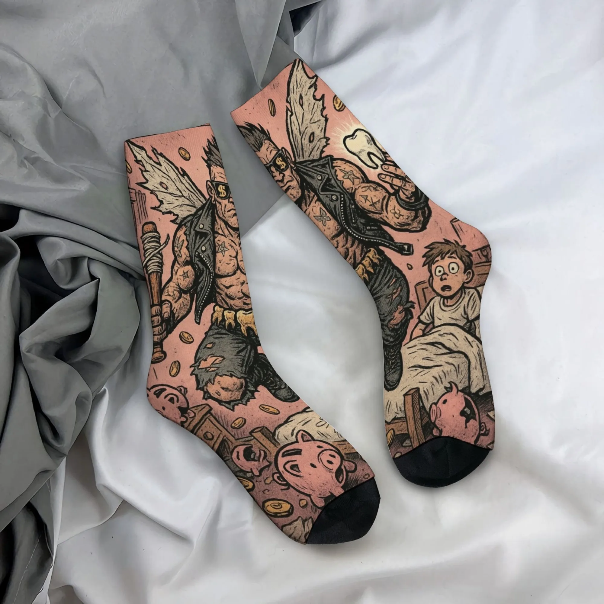 Novel retro comic book style men's socks, fun street punk tooth fairy print casual socks, fun party and holiday gift.