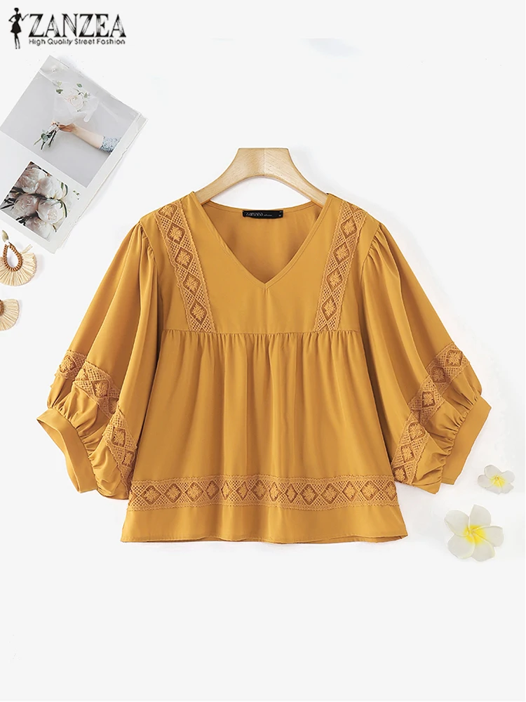 

ZANZEA Summer Women Blouses Lace Tunics 2025 Fashion 3/4 Sleeve Casual Loose V-Neck Tops Holiday Shirts Oversized Blusas Femme