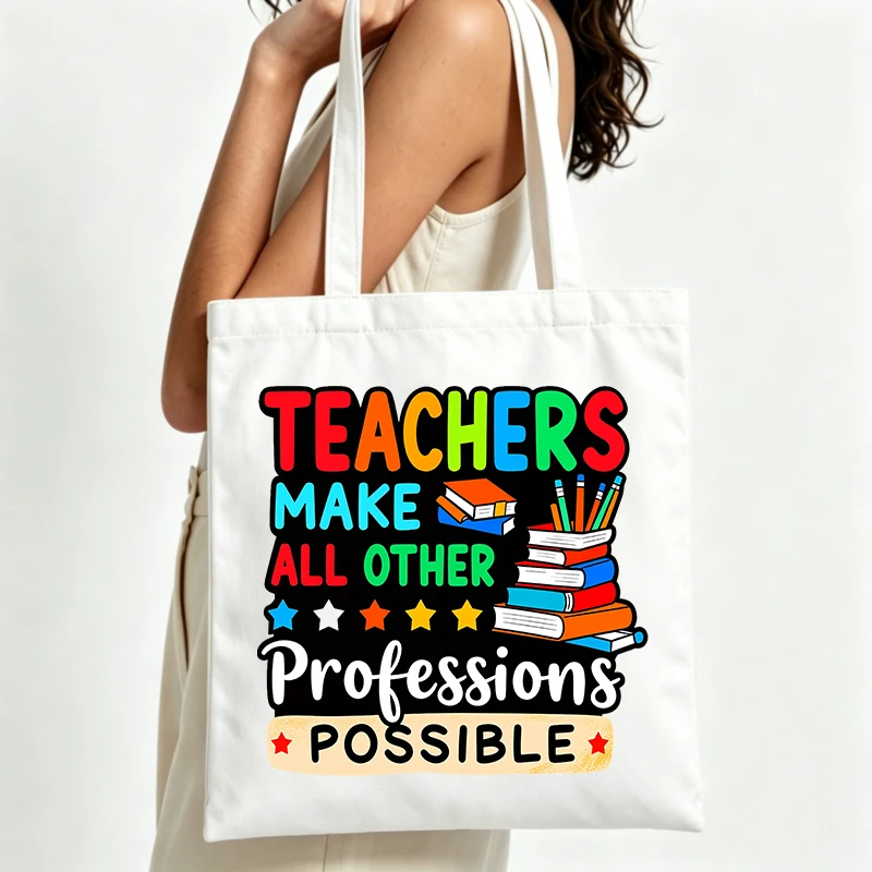 teacher-themed canvas tote bag with book and pencil graphics, ideal for school use and daily shopping