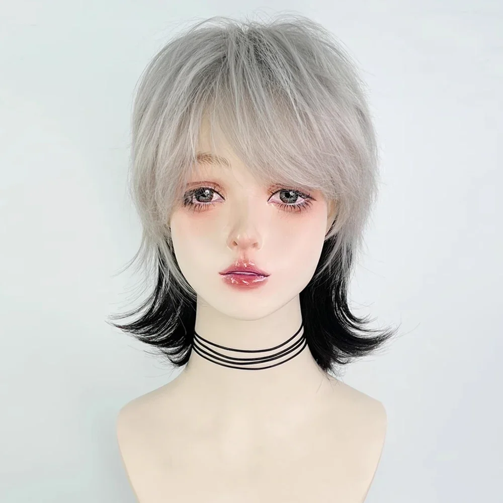 Mullet Head Ombre 그레이 블랙 블렌드 짧은 합성 스트레이트 가발 (Bangs 포함) Wolf Tail Cosplay Anime Hair Wig for Dally Party