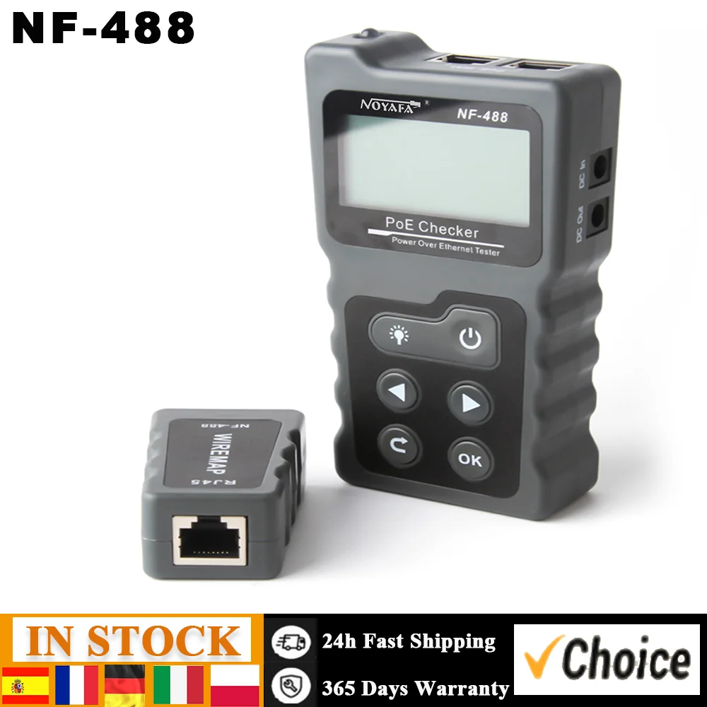 NF-488 Multi-functional LCD Network Cable Tester PoE Checker Inline PoE Voltage and Current Tester with Cable Tester