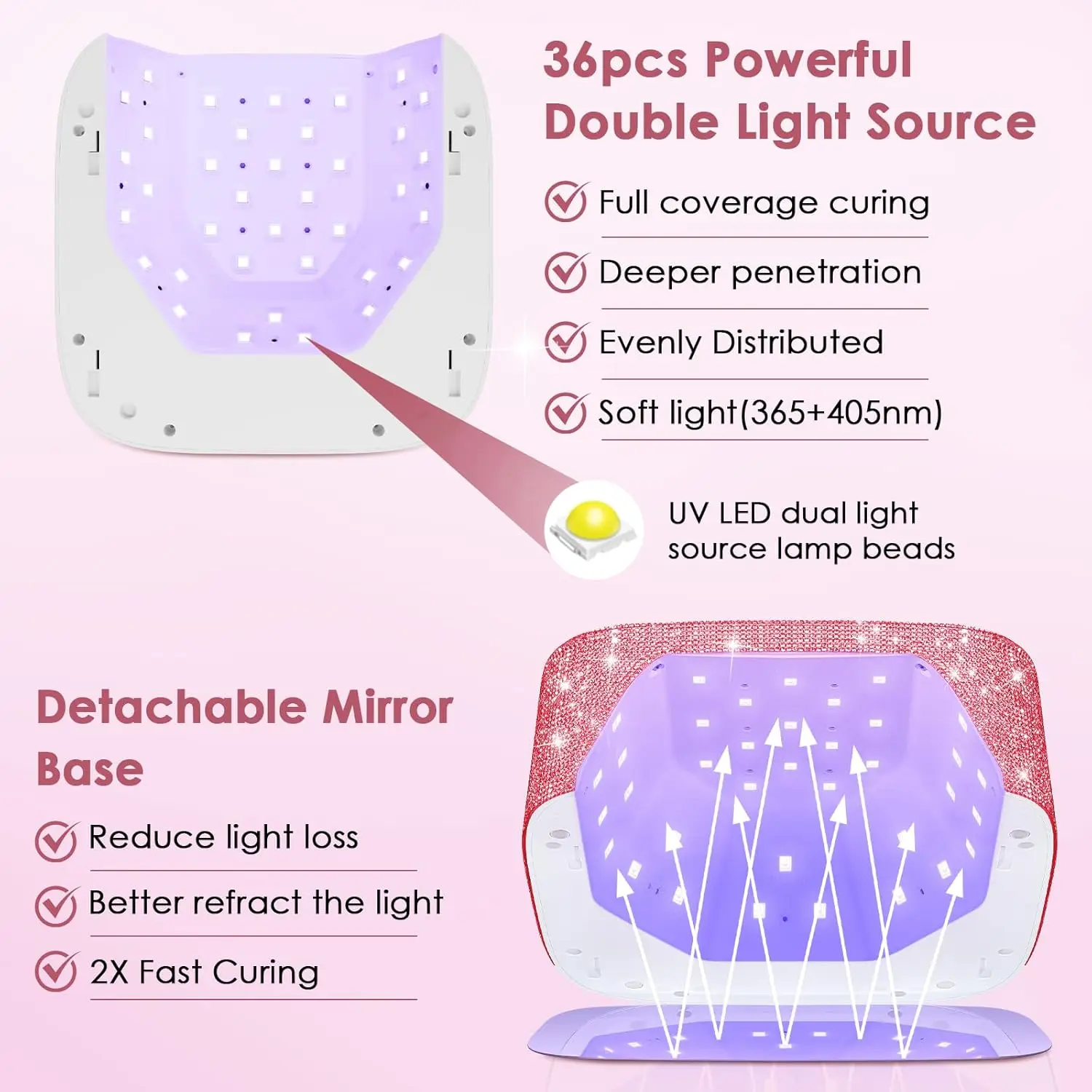 80W Cordless UV LED Nail Lamp with 5 Timers, Mirror Base & Sparkling Rhinestones for Gel Polish Drying