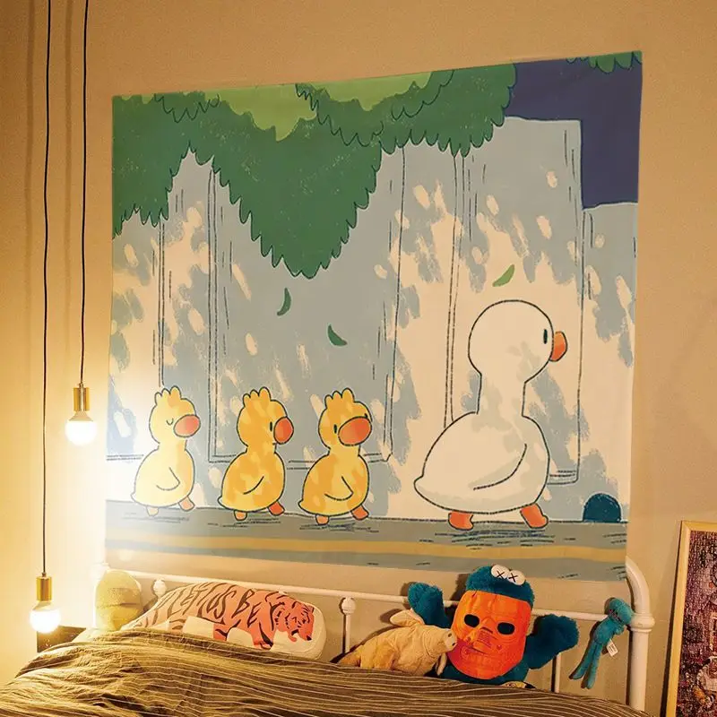 VIKAMA Cartoon Raincoat Duckling Rainy Day Travel Tapestry, HD Wear-Resistant Fabric Wall Art for Kids Room Decor