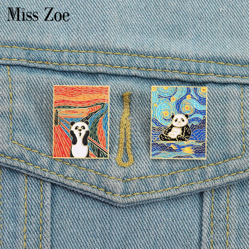 Panda Night Sky Oil Painting UV Print Pins Custom Panda Screaming Brooches Lapel Badges Clothes Animal Jewelry Gift Friends