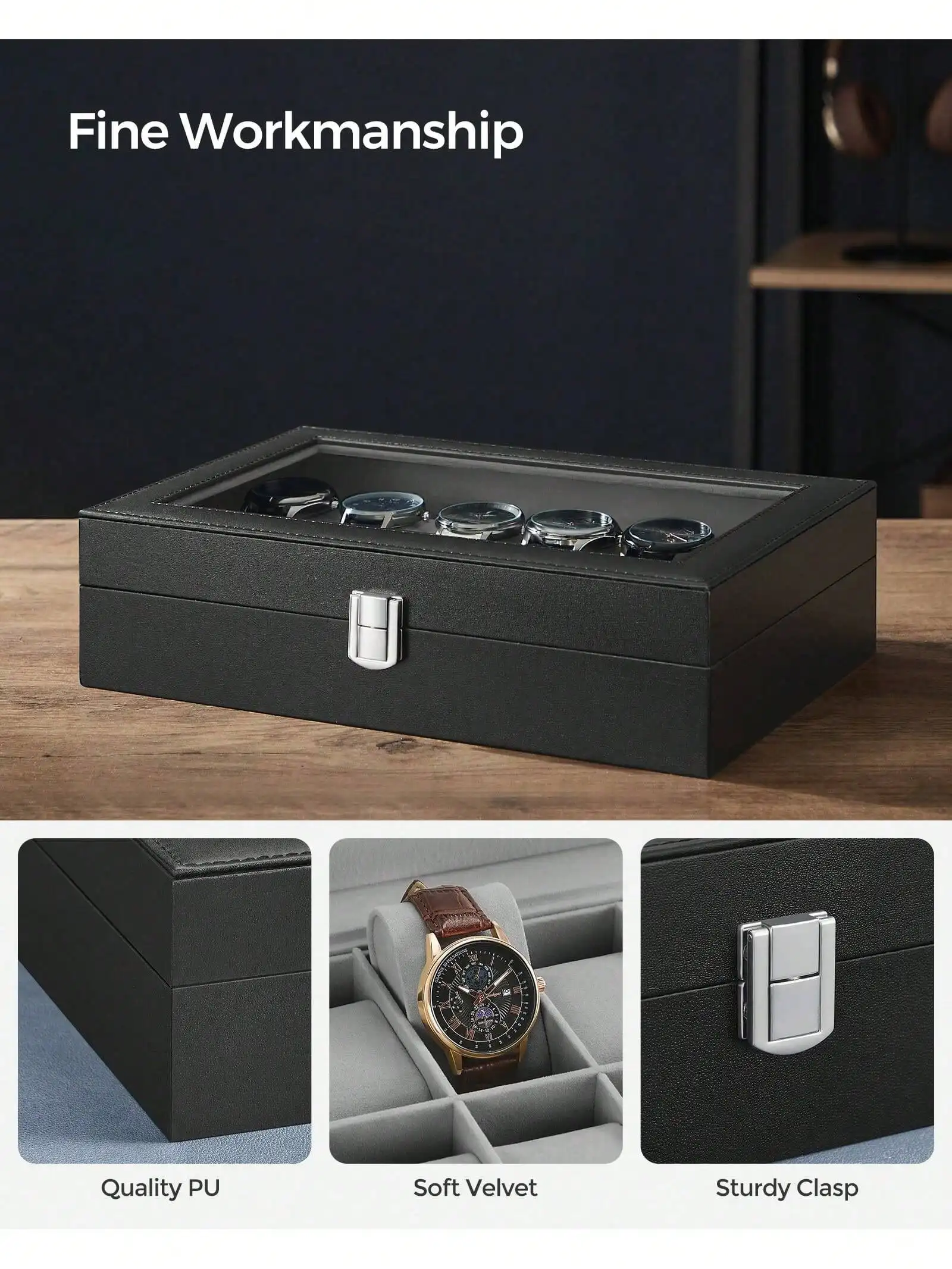 12-Slot Lockable Watch Box with Glass Lid & Drawer, 2-Layer Leather Watch Display Case Organizer for Rings Bracelets, Black/Brown/Gray view 5