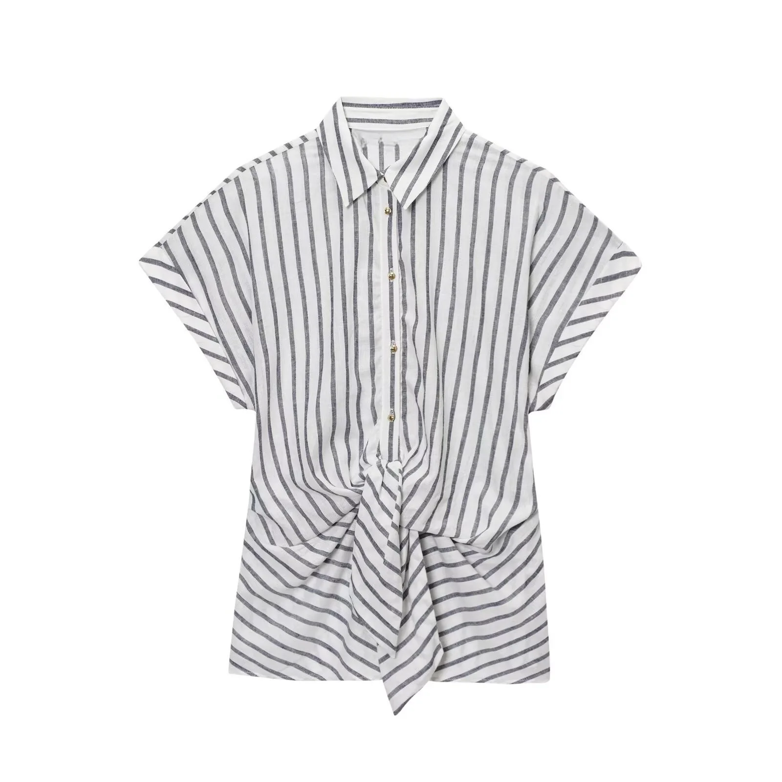 

Withered 2026 Summer New European And American Style Fashion Versatile Linen Blended Knot Decoration Striped Shirt Short Sleeve