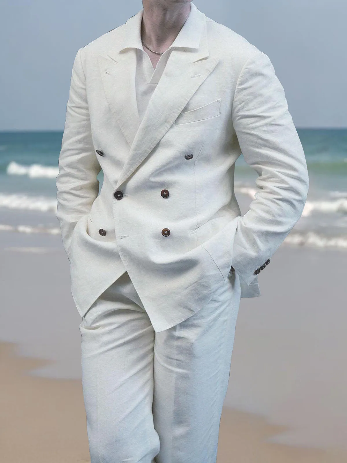 Linen Casual Suits for Men ،  Slim Fit Peaked Lapal Double-Breasted Tuxedo Men Suit Costumes Homme Trajes Para Hombre Man Suits