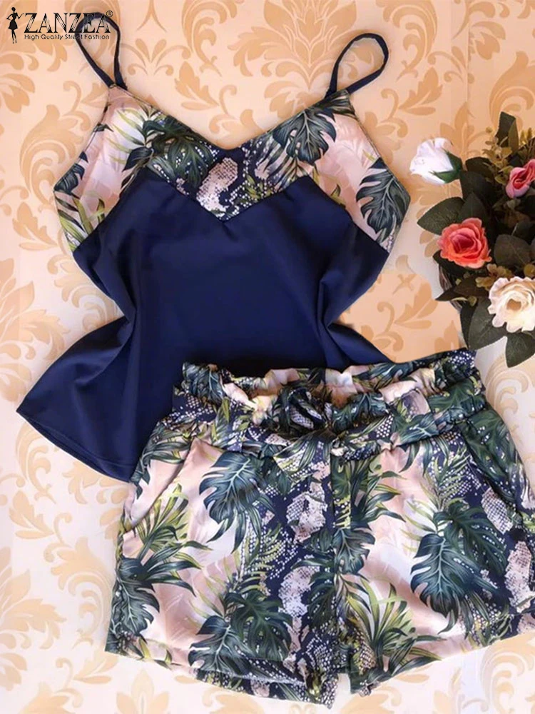 

ZANZEA Casual Sets Women Bohemian Short Sets Printed Two-piece Outfits 2025 Summer Sleeveless Straps Tops and Shorts with Belt