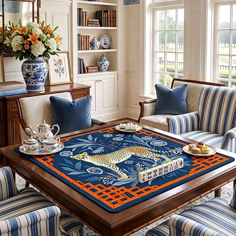 VIKAMA Cheetah Mahjong Table Mat, Dark Blue Floral Edge Non-Slip Quiet Square Game Table Mat, Home Decoration