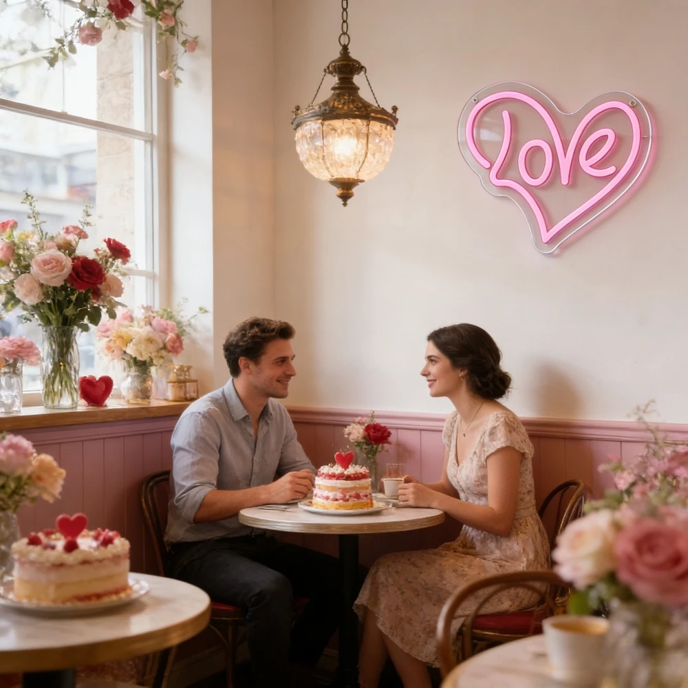 Love Neon Light Pink Heart LED Sign Romantic Bedroom Decor Valentines Day Gift for Couples Warm Night Light Home Wall Decoration