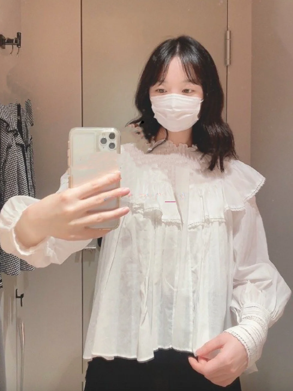 

Sweet Pure Color Front Back Wear Lace Sleeve Blouse Cotton 100% Long Sleeve Loose Fit Japanese Style Leaf Collar Shirt
